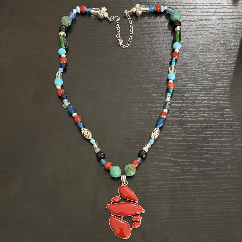 Handcrafted Multicolor Beaded Necklace with Coral Pendant